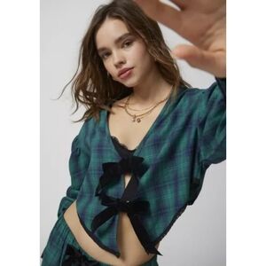 Urban Outfitters NWOT Charlotte Plaid Velvet Bow Blouse Medium